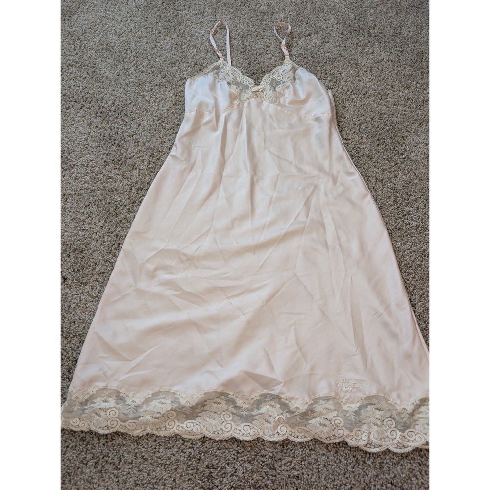 Christian Dior Vintage Pink Satin Lace Trim Full Slip Dress Size 38 Paris NY